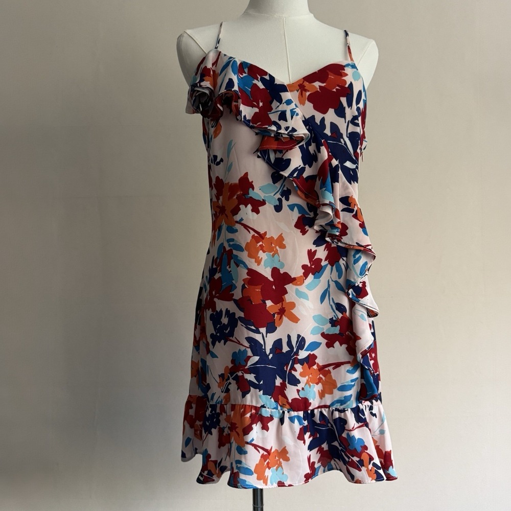 PARKER Spring Floral Ruffle Peach Blossom Mini Dress Size Medium Spaghetti Strap